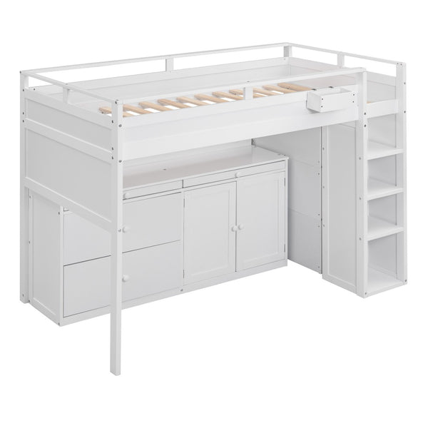 HomeRoots White Loft Bed with Integrated Desk & Storage - Space-Saving Full Double Platform for Modern Rooms 590546