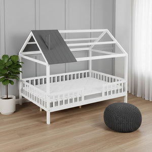 HomeRoots White Wood Full House Bed – Modern Low-Profile Design with Sturdy Support for Elegant Sleep Spaces 590548