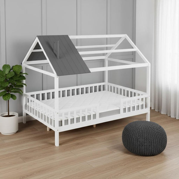 HomeRoots White Wood Full House Bed – Modern Low-Profile Design with Sturdy Support for Elegant Sleep Spaces 590548