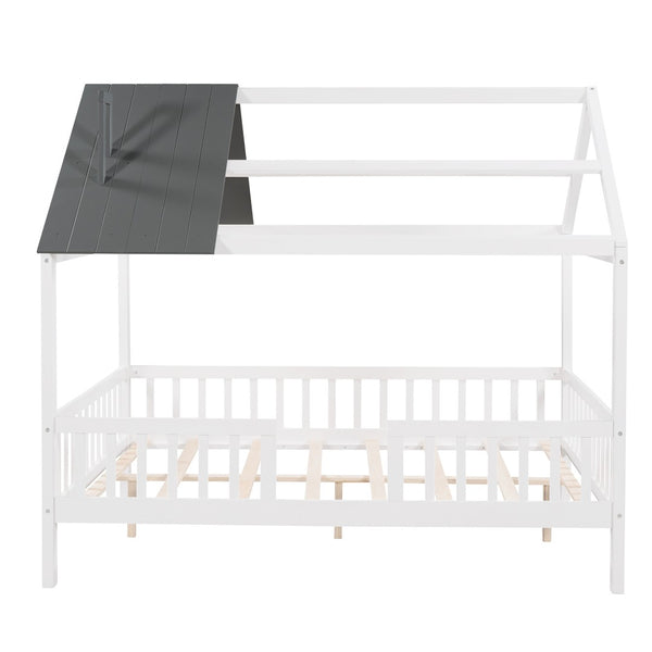 HomeRoots White Wood Full House Bed – Modern Low-Profile Design with Sturdy Support for Elegant Sleep Spaces 590548