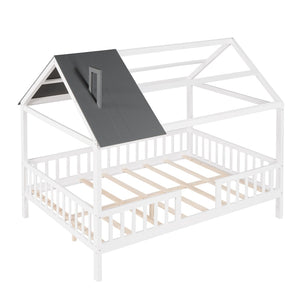 HomeRoots White Wood Full House Bed – Modern Low-Profile Design with Sturdy Support for Elegant Sleep Spaces 590548