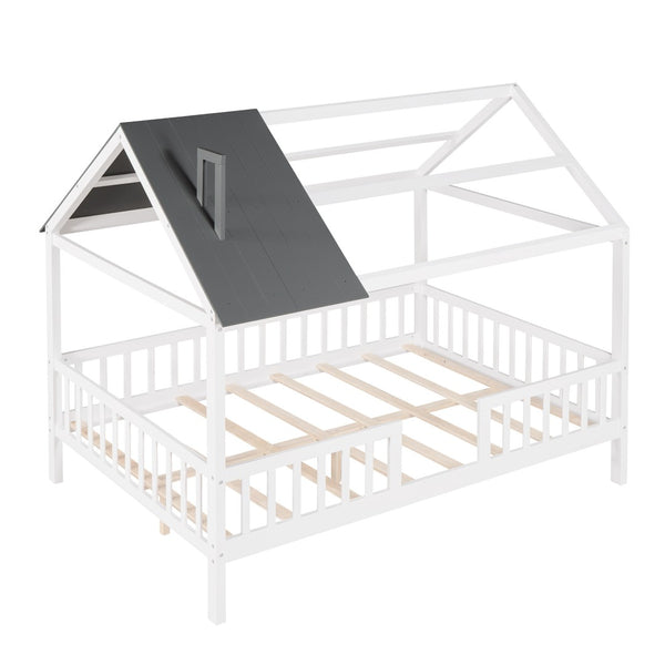 HomeRoots White Wood Full House Bed – Modern Low-Profile Design with Sturdy Support for Elegant Sleep Spaces 590548