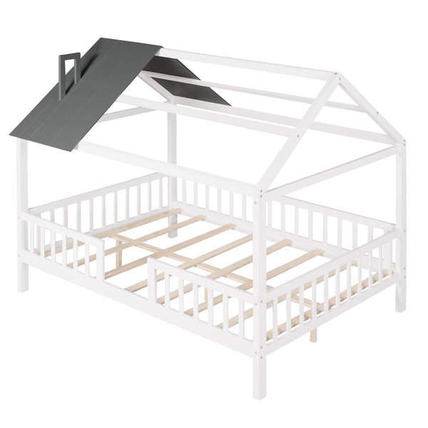 HomeRoots White Wood Full House Bed – Modern Low-Profile Design with Sturdy Support for Elegant Sleep Spaces 590548
