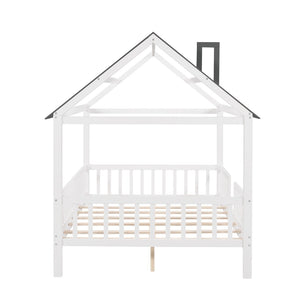 HomeRoots White Wood Full House Bed – Modern Low-Profile Design with Sturdy Support for Elegant Sleep Spaces 590548