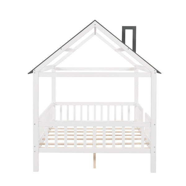 HomeRoots White Wood Full House Bed – Modern Low-Profile Design with Sturdy Support for Elegant Sleep Spaces 590548