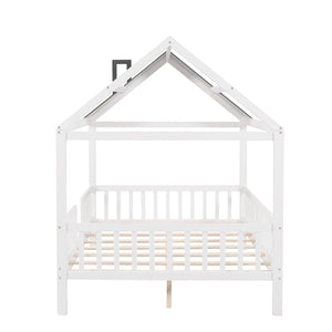 HomeRoots White Wood Full House Bed – Modern Low-Profile Design with Sturdy Support for Elegant Sleep Spaces 590548