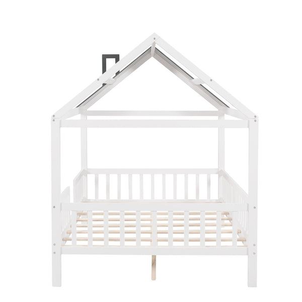 HomeRoots White Wood Full House Bed – Modern Low-Profile Design with Sturdy Support for Elegant Sleep Spaces 590548