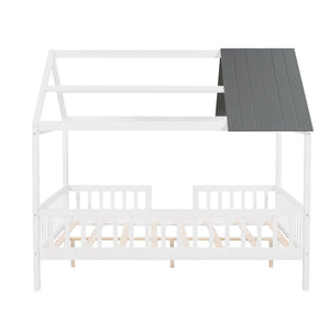 HomeRoots White Wood Full House Bed – Modern Low-Profile Design with Sturdy Support for Elegant Sleep Spaces 590548