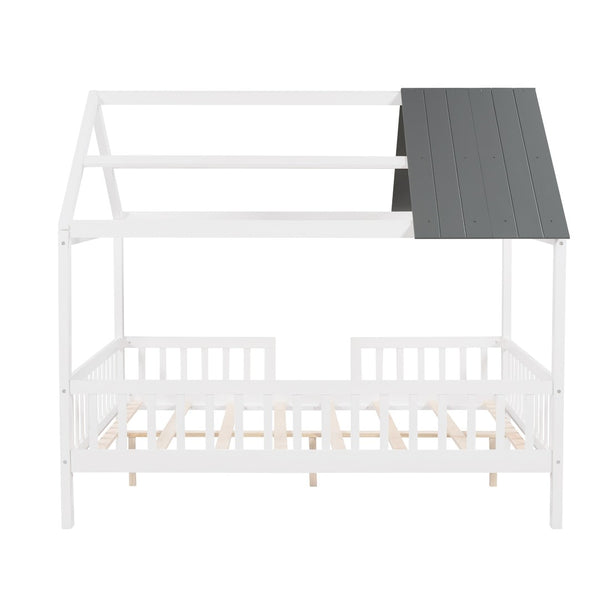 HomeRoots White Wood Full House Bed – Modern Low-Profile Design with Sturdy Support for Elegant Sleep Spaces 590548