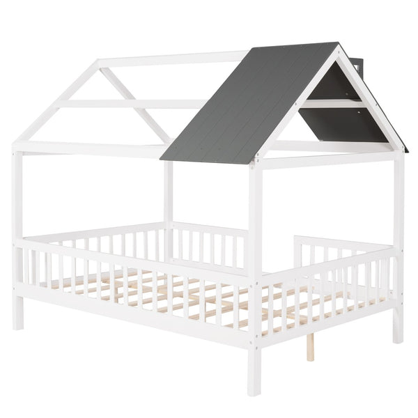 HomeRoots White Wood Full House Bed – Modern Low-Profile Design with Sturdy Support for Elegant Sleep Spaces 590548
