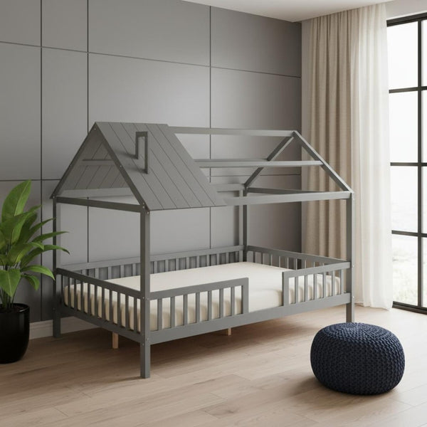 HomeRoots Gray Wood Full House Bed - Stylish & Durable Bedroom Centerpiece for Restful Sleep & Modern Decor 590549