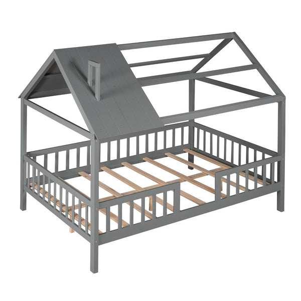 HomeRoots Gray Wood Full House Bed - Stylish & Durable Bedroom Centerpiece for Restful Sleep & Modern Decor 590549