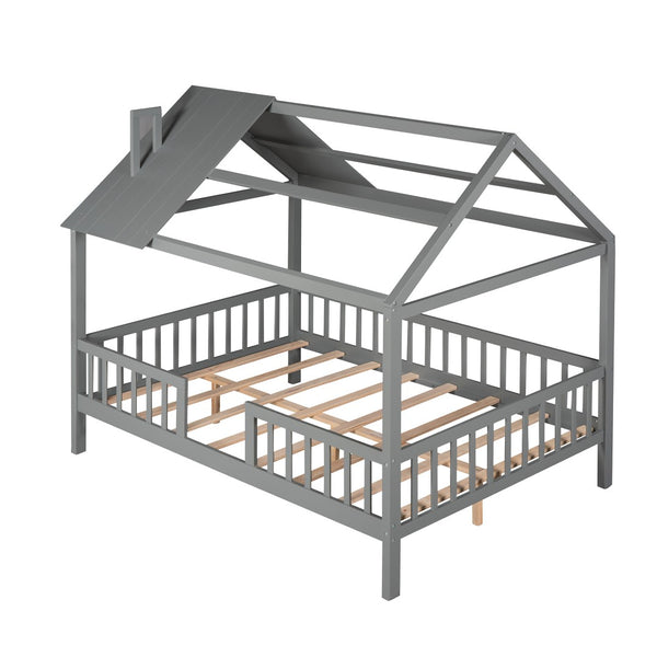 HomeRoots Gray Wood Full House Bed - Stylish & Durable Bedroom Centerpiece for Restful Sleep & Modern Decor 590549