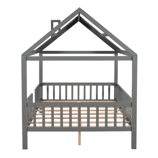 HomeRoots Gray Wood Full House Bed - Stylish & Durable Bedroom Centerpiece for Restful Sleep & Modern Decor 590549