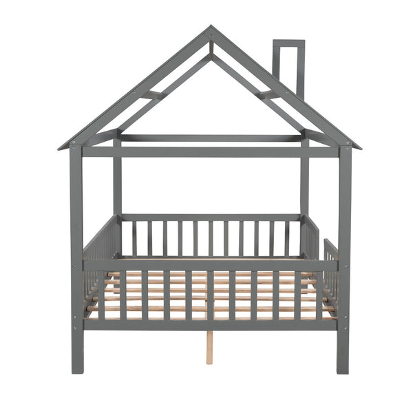 HomeRoots Gray Wood Full House Bed - Stylish & Durable Bedroom Centerpiece for Restful Sleep & Modern Decor 590549