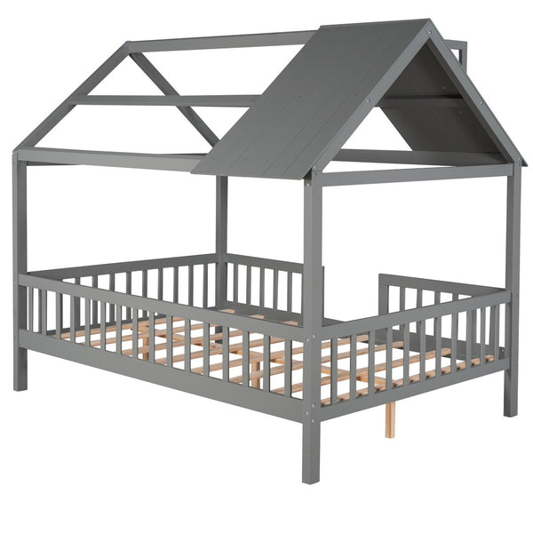 HomeRoots Gray Wood Full House Bed - Stylish & Durable Bedroom Centerpiece for Restful Sleep & Modern Decor 590549