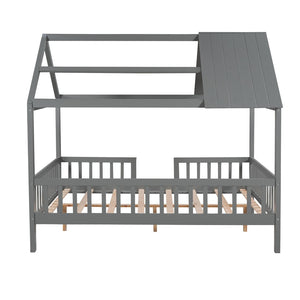 HomeRoots Gray Wood Full House Bed - Stylish & Durable Bedroom Centerpiece for Restful Sleep & Modern Decor 590549