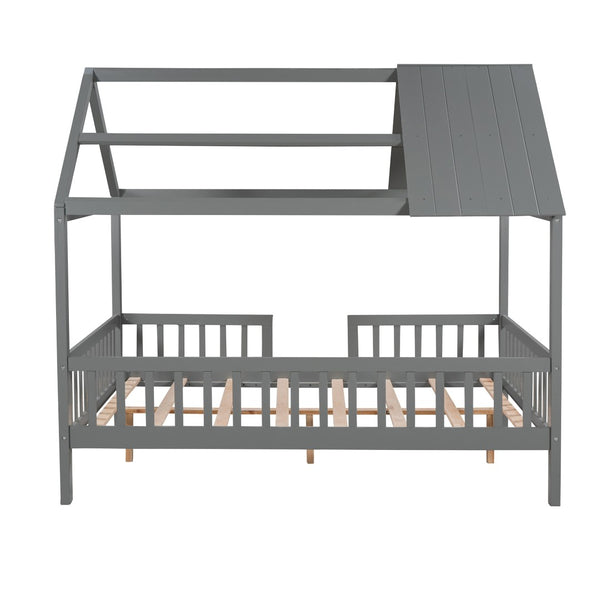 HomeRoots Gray Wood Full House Bed - Stylish & Durable Bedroom Centerpiece for Restful Sleep & Modern Decor 590549