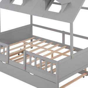 HomeRoots Gray Wood Full House Bed with Trundle - Stylish Farmhouse Design and Extra Sleep Space for Guests! 590550