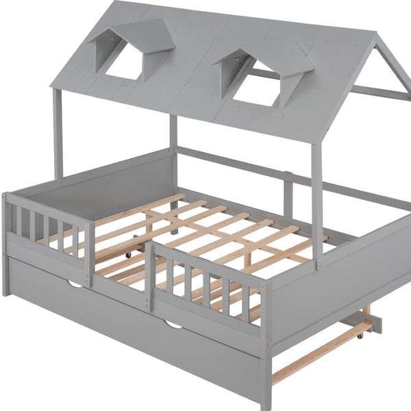 HomeRoots Gray Wood Full House Bed with Trundle - Stylish Farmhouse Design and Extra Sleep Space for Guests! 590550