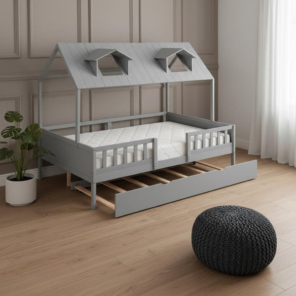 HomeRoots Gray Wood Full House Bed with Trundle - Stylish Farmhouse Design and Extra Sleep Space for Guests! 590550
