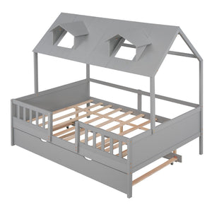 HomeRoots Gray Wood Full House Bed with Trundle - Stylish Farmhouse Design and Extra Sleep Space for Guests! 590550