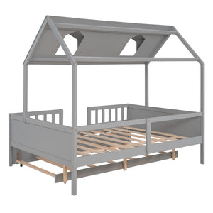 HomeRoots Gray Wood Full House Bed with Trundle - Stylish Farmhouse Design and Extra Sleep Space for Guests! 590550
