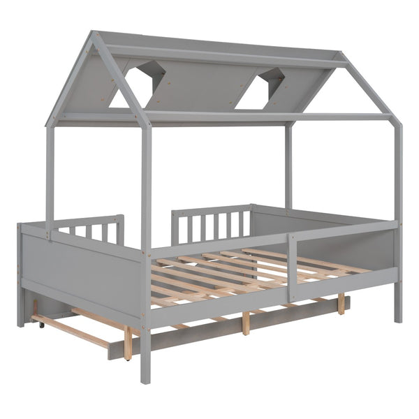 HomeRoots Gray Wood Full House Bed with Trundle - Stylish Farmhouse Design and Extra Sleep Space for Guests! 590550