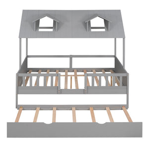 HomeRoots Gray Wood Full House Bed with Trundle - Stylish Farmhouse Design and Extra Sleep Space for Guests! 590550