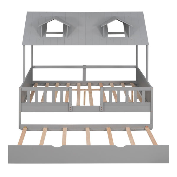 HomeRoots Gray Wood Full House Bed with Trundle - Stylish Farmhouse Design and Extra Sleep Space for Guests! 590550