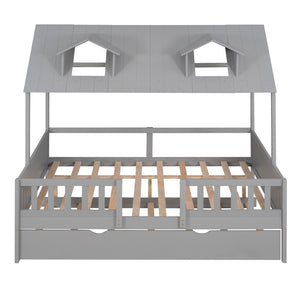 HomeRoots Gray Wood Full House Bed with Trundle - Stylish Farmhouse Design and Extra Sleep Space for Guests! 590550