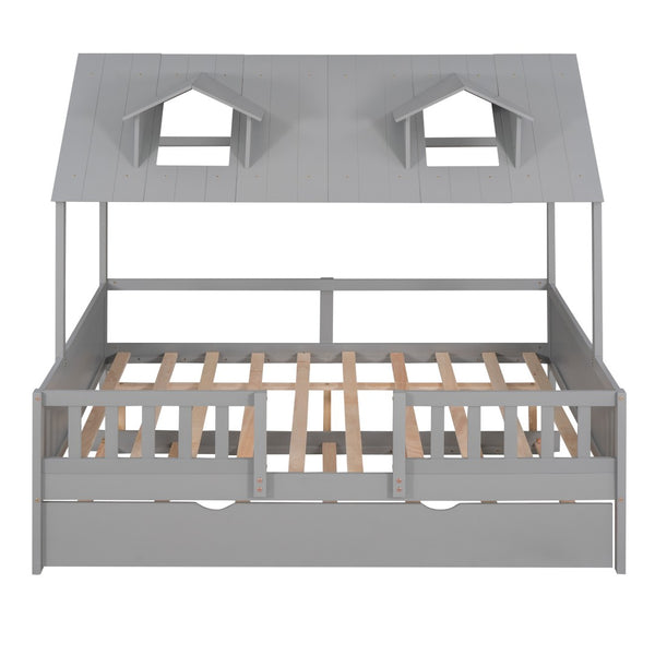HomeRoots Gray Wood Full House Bed with Trundle - Stylish Farmhouse Design and Extra Sleep Space for Guests! 590550
