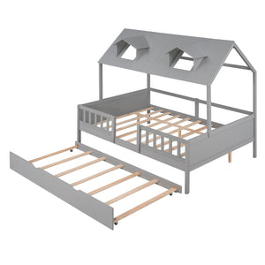 HomeRoots Gray Wood Full House Bed with Trundle - Stylish Farmhouse Design and Extra Sleep Space for Guests! 590550
