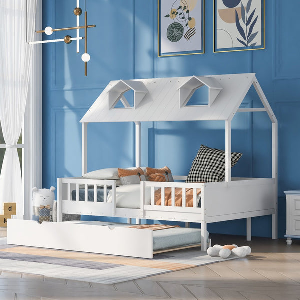 HomeRoots White Wood Full House Bed with Trundle – Classic Charm, Durable Design & Extra Sleep Space for Guests 590551