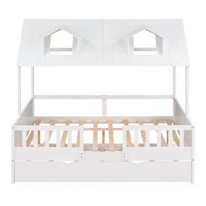 HomeRoots White Wood Full House Bed with Trundle – Classic Charm, Durable Design & Extra Sleep Space for Guests 590551
