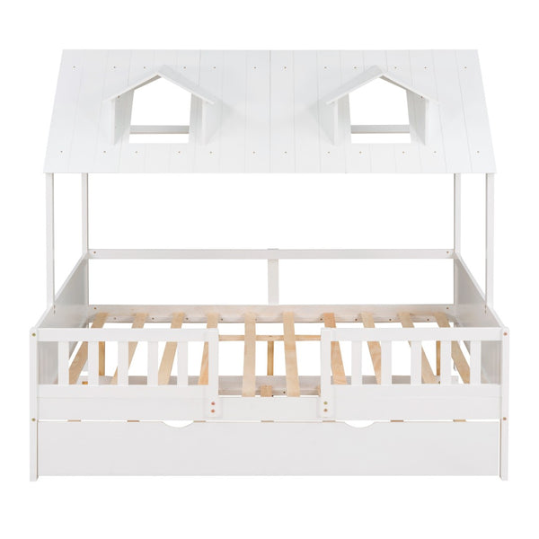HomeRoots White Wood Full House Bed with Trundle – Classic Charm, Durable Design & Extra Sleep Space for Guests 590551