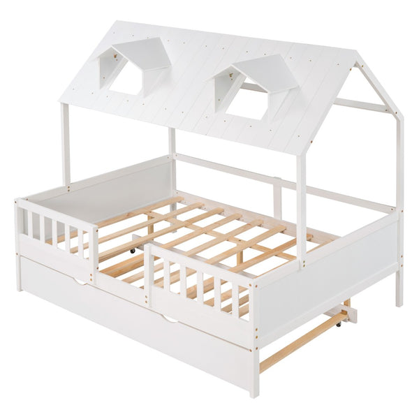 HomeRoots White Wood Full House Bed with Trundle – Classic Charm, Durable Design & Extra Sleep Space for Guests 590551