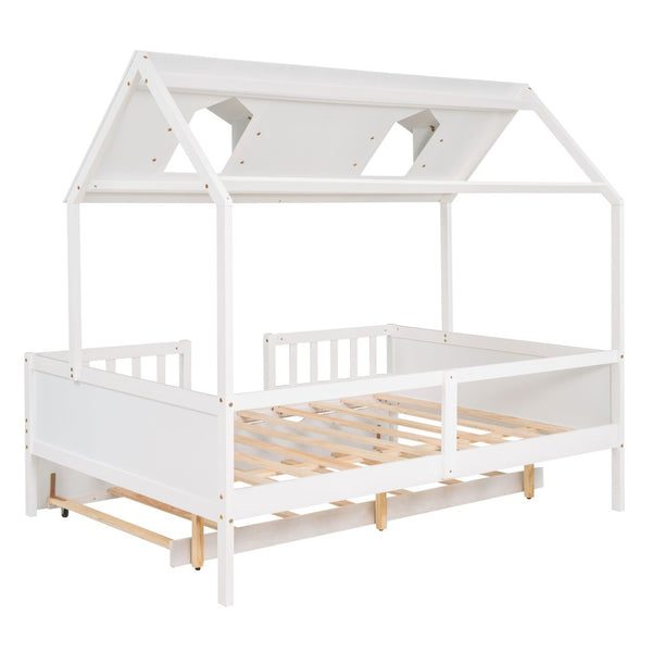 HomeRoots White Wood Full House Bed with Trundle – Classic Charm, Durable Design & Extra Sleep Space for Guests 590551