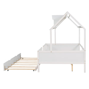 HomeRoots White Wood Full House Bed with Trundle – Classic Charm, Durable Design & Extra Sleep Space for Guests 590551