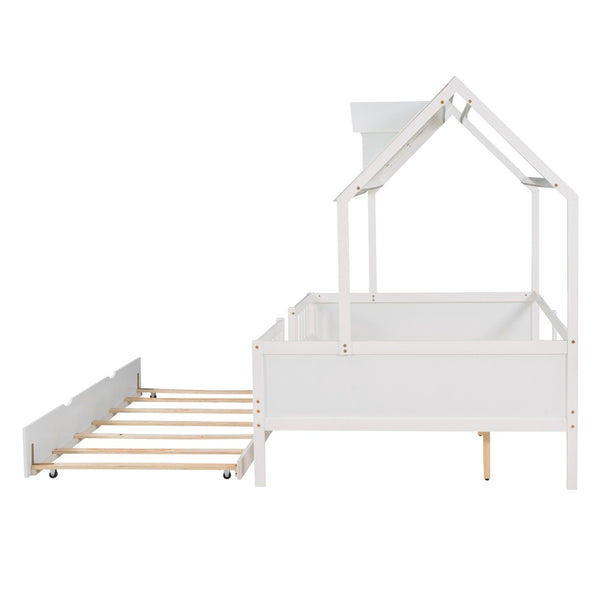 HomeRoots White Wood Full House Bed with Trundle – Classic Charm, Durable Design & Extra Sleep Space for Guests 590551