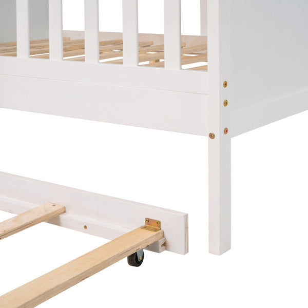 HomeRoots White Wood Full House Bed with Trundle – Classic Charm, Durable Design & Extra Sleep Space for Guests 590551