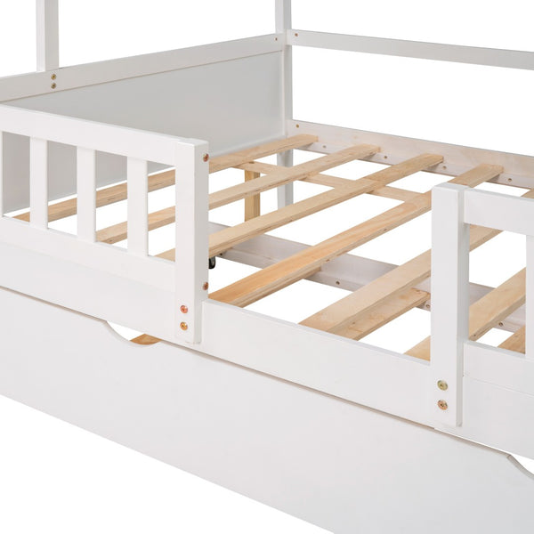 HomeRoots White Wood Full House Bed with Trundle – Classic Charm, Durable Design & Extra Sleep Space for Guests 590551
