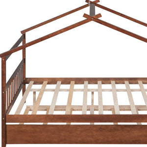 HomeRoots Walnut Full House Bed with Trundle - Durable Solid Wood Design, Stylish & Space-Saving Solution 590552