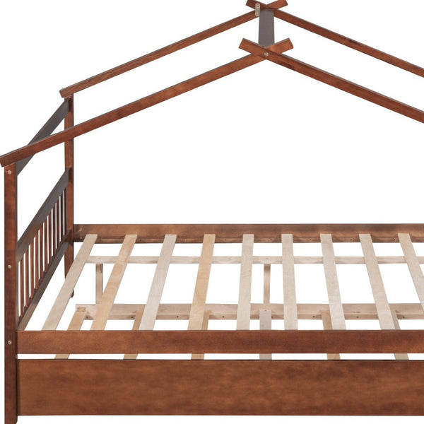 HomeRoots Walnut Full House Bed with Trundle - Durable Solid Wood Design, Stylish & Space-Saving Solution 590552