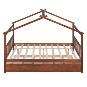 HomeRoots Walnut Full House Bed with Trundle - Durable Solid Wood Design, Stylish & Space-Saving Solution 590552