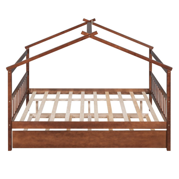 HomeRoots Walnut Full House Bed with Trundle - Durable Solid Wood Design, Stylish & Space-Saving Solution 590552