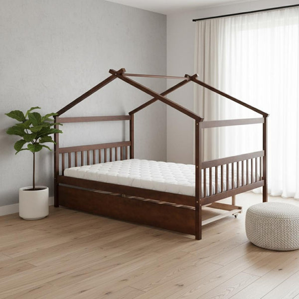 HomeRoots Walnut Full House Bed with Trundle - Durable Solid Wood Design, Stylish & Space-Saving Solution 590552