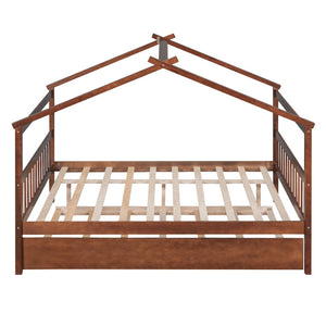 HomeRoots Walnut Full House Bed with Trundle - Durable Solid Wood Design, Stylish & Space-Saving Solution 590552