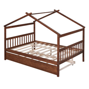 HomeRoots Walnut Full House Bed with Trundle - Durable Solid Wood Design, Stylish & Space-Saving Solution 590552
