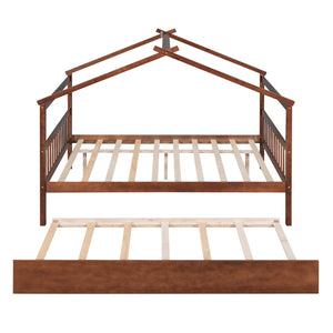 HomeRoots Walnut Full House Bed with Trundle - Durable Solid Wood Design, Stylish & Space-Saving Solution 590552